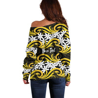 Personalised Cook Islands Aitutaki Off Shoulder Sweater Tiare Maori Polynesian Waves Tattoo