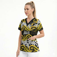 Personalised Cook Islands Aitutaki Scrub Top Tiare Maori Polynesian Waves Tattoo