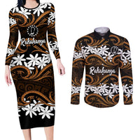 Personalised Cook Islands Rakahanga Couples Matching Long Sleeve Bodycon Dress and Long Sleeve Button Shirt Tiare Maori Polynesian Waves Tattoo LT14 Orange - Polynesian Pride