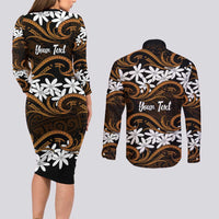 Personalised Cook Islands Rakahanga Couples Matching Long Sleeve Bodycon Dress and Long Sleeve Button Shirt Tiare Maori Polynesian Waves Tattoo LT14 - Polynesian Pride