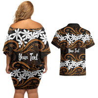 Personalised Cook Islands Rakahanga Couples Matching Off Shoulder Short Dress and Hawaiian Shirt Tiare Maori Polynesian Waves Tattoo LT14 - Polynesian Pride