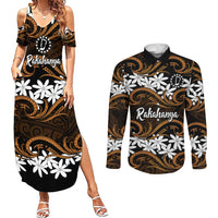 Personalised Cook Islands Rakahanga Couples Matching Summer Maxi Dress and Long Sleeve Button Shirt Tiare Maori Polynesian Waves Tattoo LT14 Orange - Polynesian Pride