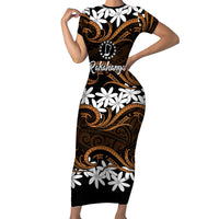 Personalised Cook Islands Rakahanga Short Sleeve Bodycon Dress Tiare Maori Polynesian Waves Tattoo LT14 Long Dress Orange - Polynesian Pride