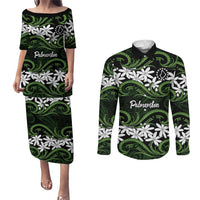 Personalised Cook Islands Palmerston Couples Matching Puletasi and Long Sleeve Button Shirt Tiare Maori Polynesian Waves Tattoo LT14 Green - Polynesian Pride