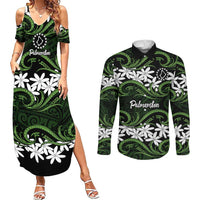 Personalised Cook Islands Palmerston Couples Matching Summer Maxi Dress and Long Sleeve Button Shirt Tiare Maori Polynesian Waves Tattoo LT14 Green - Polynesian Pride