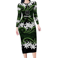 Personalised Cook Islands Palmerston Long Sleeve Bodycon Dress Tiare Maori Polynesian Waves Tattoo LT14 Long Dress Green - Polynesian Pride
