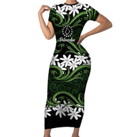 Personalised Cook Islands Palmerston Short Sleeve Bodycon Dress Tiare Maori Polynesian Waves Tattoo LT14 Long Dress Green - Polynesian Pride