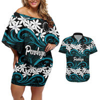 Personalised Cook Islands Penrhyn Atoll Couples Matching Off Shoulder Short Dress and Hawaiian Shirt Tiare Maori Polynesian Waves Tattoo LT14 Blue - Polynesian Pride
