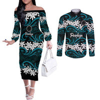 Personalised Cook Islands Penrhyn Atoll Couples Matching Off The Shoulder Long Sleeve Dress and Long Sleeve Button Shirt Tiare Maori Polynesian Waves Tattoo LT14 Blue - Polynesian Pride