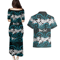 Personalised Cook Islands Penrhyn Atoll Couples Matching Puletasi and Hawaiian Shirt Tiare Maori Polynesian Waves Tattoo LT14 - Polynesian Pride