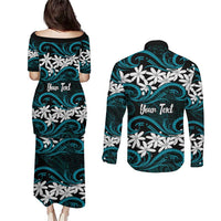 Personalised Cook Islands Penrhyn Atoll Couples Matching Puletasi and Long Sleeve Button Shirt Tiare Maori Polynesian Waves Tattoo LT14 - Polynesian Pride