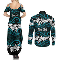 Personalised Cook Islands Penrhyn Atoll Couples Matching Summer Maxi Dress and Long Sleeve Button Shirt Tiare Maori Polynesian Waves Tattoo LT14 - Polynesian Pride