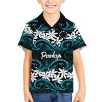 Personalised Cook Islands Penrhyn Atoll Family Matching Mermaid Dress and Hawaiian Shirt Tiare Maori Polynesian Waves Tattoo LT14 Son's Shirt Blue - Polynesian Pride