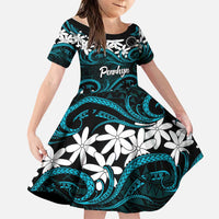 Personalised Cook Islands Penrhyn Atoll Family Matching Off The Shoulder Long Sleeve Dress and Hawaiian Shirt Tiare Maori Polynesian Waves Tattoo LT14 Daughter's Dress Blue - Polynesian Pride