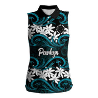Personalised Cook Islands Penrhyn Atoll Women Sleeveless Polo Shirt Tiare Maori Polynesian Waves Tattoo LT14 Female Blue - Polynesian Pride