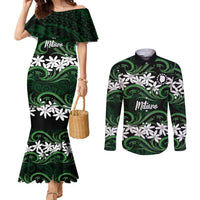 Personalised Cook Islands Mitiaro Couples Matching Mermaid Dress and Long Sleeve Button Shirt Tiare Maori Polynesian Waves Tattoo LT14 Green - Polynesian Pride