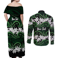 Personalised Cook Islands Mitiaro Couples Matching Off Shoulder Maxi Dress and Long Sleeve Button Shirt Tiare Maori Polynesian Waves Tattoo LT14 - Polynesian Pride