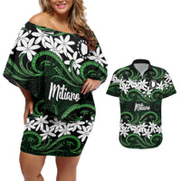 Personalised Cook Islands Mitiaro Couples Matching Off Shoulder Short Dress and Hawaiian Shirt Tiare Maori Polynesian Waves Tattoo LT14 Green - Polynesian Pride