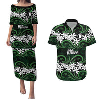 Personalised Cook Islands Mitiaro Couples Matching Puletasi and Hawaiian Shirt Tiare Maori Polynesian Waves Tattoo LT14 Green - Polynesian Pride