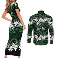 Personalised Cook Islands Mitiaro Couples Matching Short Sleeve Bodycon Dress and Long Sleeve Button Shirt Tiare Maori Polynesian Waves Tattoo LT14 - Polynesian Pride