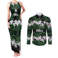 Personalised Cook Islands Mitiaro Couples Matching Tank Maxi Dress and Long Sleeve Button Shirt Tiare Maori Polynesian Waves Tattoo LT14 Green - Polynesian Pride