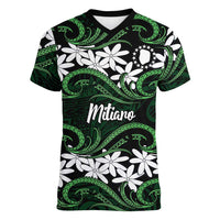 Personalised Cook Islands Mitiaro Women V-Neck T-Shirt Tiare Maori Polynesian Waves Tattoo LT14 Female Green - Polynesian Pride