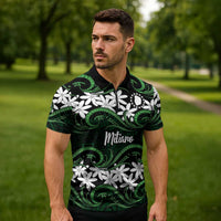 Personalised Cook Islands Mitiaro Zipper Polo Shirt Tiare Maori Polynesian Waves Tattoo