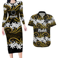 Personalised Cook Islands Manihiki Couples Matching Long Sleeve Bodycon Dress and Hawaiian Shirt Tiare Maori Polynesian Waves Tattoo LT14 Gold - Polynesian Pride