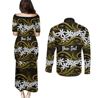 Personalised Cook Islands Manihiki Couples Matching Puletasi and Long Sleeve Button Shirt Tiare Maori Polynesian Waves Tattoo LT14 - Polynesian Pride