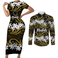 Personalised Cook Islands Manihiki Couples Matching Short Sleeve Bodycon Dress and Long Sleeve Button Shirt Tiare Maori Polynesian Waves Tattoo LT14 Gold - Polynesian Pride