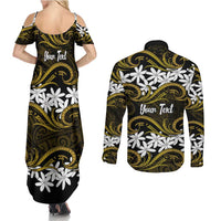 Personalised Cook Islands Manihiki Couples Matching Summer Maxi Dress and Long Sleeve Button Shirt Tiare Maori Polynesian Waves Tattoo LT14 - Polynesian Pride