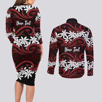 Personalised Cook Islands Atiu Enuamanu Couples Matching Long Sleeve Bodycon Dress and Long Sleeve Button Shirt Tiare Maori Polynesian Waves Tattoo LT14 - Polynesian Pride