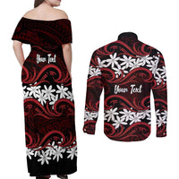 Personalised Cook Islands Atiu Enuamanu Couples Matching Off Shoulder Maxi Dress and Long Sleeve Button Shirt Tiare Maori Polynesian Waves Tattoo LT14 - Polynesian Pride