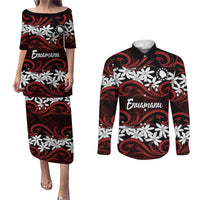 Personalised Cook Islands Atiu Enuamanu Couples Matching Puletasi and Long Sleeve Button Shirt Tiare Maori Polynesian Waves Tattoo LT14 Red - Polynesian Pride