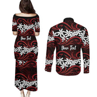 Personalised Cook Islands Atiu Enuamanu Couples Matching Puletasi and Long Sleeve Button Shirt Tiare Maori Polynesian Waves Tattoo LT14 - Polynesian Pride