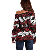 Personalised Cook Islands Atiu Enuamanu Off Shoulder Sweater Tiare Maori Polynesian Waves Tattoo