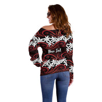 Personalised Cook Islands Atiu Enuamanu Off Shoulder Sweater Tiare Maori Polynesian Waves Tattoo