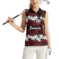 Personalised Cook Islands Atiu Enuamanu Women Sleeveless Polo Shirt Tiare Maori Polynesian Waves Tattoo LT14 - Polynesian Pride