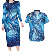 New Zealand Humpback Whale Matariki Couples Matching Long Sleeve Bodycon Dress and Hawaiian Shirt Maori New Year Taniko Niho Taniwha LT14 Blue - Polynesian Pride