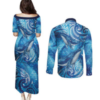 New Zealand Humpback Whale Matariki Couples Matching Puletasi and Long Sleeve Button Shirt Maori New Year Taniko Niho Taniwha LT14 - Polynesian Pride