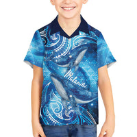 New Zealand Humpback Whale Matariki Family Matching Off The Shoulder Long Sleeve Dress and Hawaiian Shirt Maori New Year Taniko Niho Taniwha LT14 Son's Shirt Blue - Polynesian Pride
