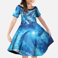 New Zealand Humpback Whale Matariki Family Matching Summer Maxi Dress and Hawaiian Shirt Maori New Year Taniko Niho Taniwha LT14 Daughter's Dress Blue - Polynesian Pride