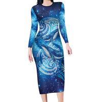 New Zealand Humpback Whale Matariki Long Sleeve Bodycon Dress Maori New Year Taniko Niho Taniwha LT14 Long Dress Blue - Polynesian Pride