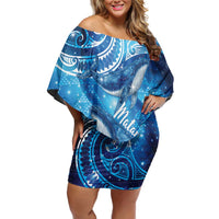New Zealand Humpback Whale Matariki Off Shoulder Short Dress Maori New Year Taniko Niho Taniwha LT14 Women Blue - Polynesian Pride