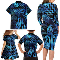 Humpback Whale Matariki New Zealand Family Matching Long Sleeve Bodycon Dress and Hawaiian Shirt NZ Maori Paikea Poutama Luxury Blue LT14 - Polynesian Pride