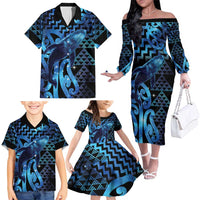 Humpback Whale Matariki New Zealand Family Matching Off The Shoulder Long Sleeve Dress and Hawaiian Shirt NZ Maori Paikea Poutama Luxury Blue LT14 - Polynesian Pride