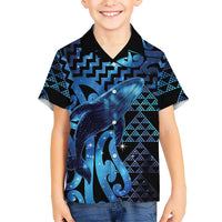 Humpback Whale Matariki New Zealand Family Matching Off The Shoulder Long Sleeve Dress and Hawaiian Shirt NZ Maori Paikea Poutama Luxury Blue LT14 Son's Shirt Blue - Polynesian Pride