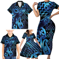 Humpback Whale Matariki New Zealand Family Matching Short Sleeve Bodycon Dress and Hawaiian Shirt NZ Maori Paikea Poutama Luxury Blue LT14 - Polynesian Pride