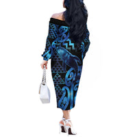 Humpback Whale Matariki New Zealand Off The Shoulder Long Sleeve Dress NZ Maori Paikea Poutama Luxury Blue LT14 - Polynesian Pride