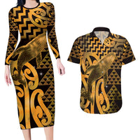 Humpback Whale Matariki New Zealand Couples Matching Long Sleeve Bodycon Dress and Hawaiian Shirt NZ Maori Paikea Poutama Luxury Gold LT14 Gold - Polynesian Pride